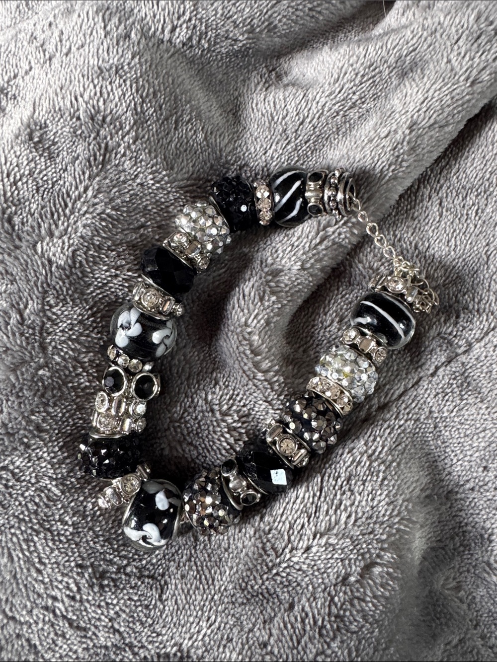 Pandora style bracelet, black and crystal beads